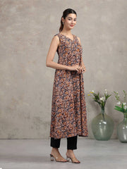 Beige Jaipuri Printed Cotton A-Line Kurta