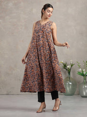 Beige Jaipuri Printed Cotton A-Line Kurta