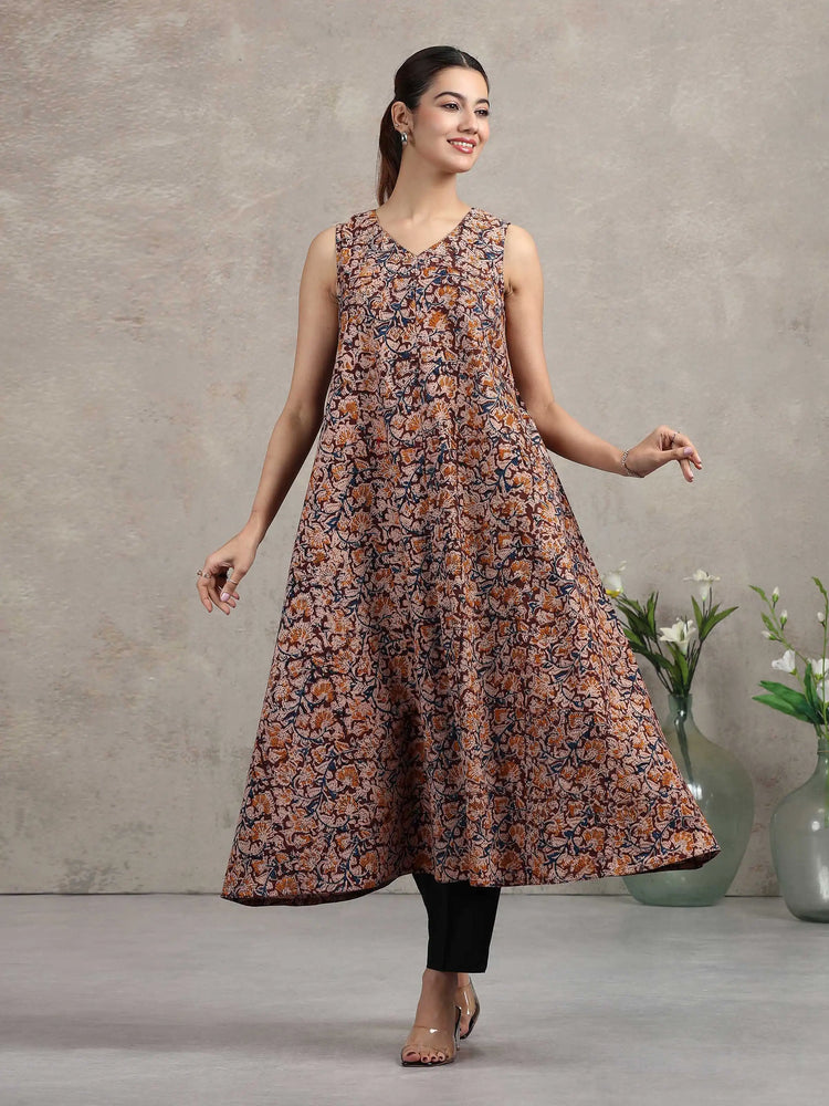 Beige Jaipuri Printed Cotton A-Line Kurta