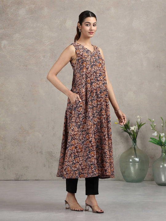 Beige Jaipuri Printed Cotton A-Line Kurta