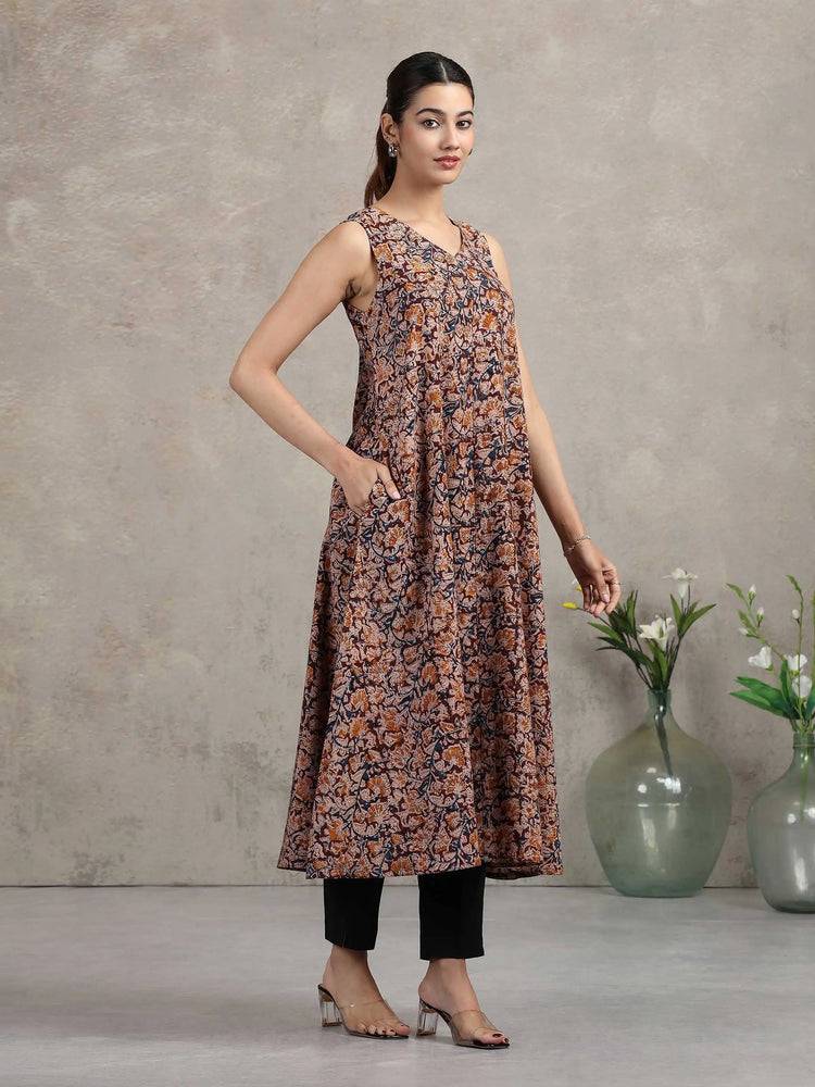 Beige Jaipuri Printed Cotton A-Line Kurta