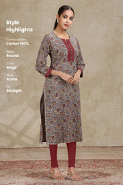 Beige Paisley Design Straight Cotton Kurta
