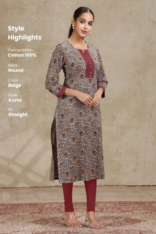 Beige Paisley Design Straight Cotton Kurta