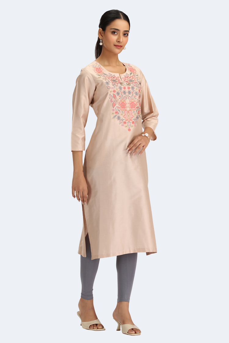 Beige PolySilk Embroidered Straight Kurta
