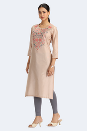 Beige PolySilk Embroidered Straight Kurta