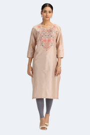 Beige PolySilk Embroidered Straight Kurta