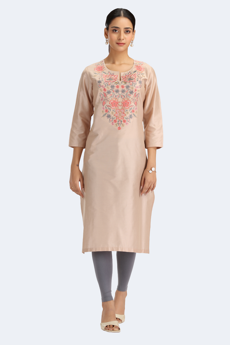 Beige PolySilk Embroidered Straight Kurta