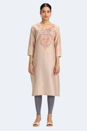 Beige PolySilk Embroidered Straight Kurta