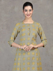 Beige Printed Cotton A-Line Co-ord Set