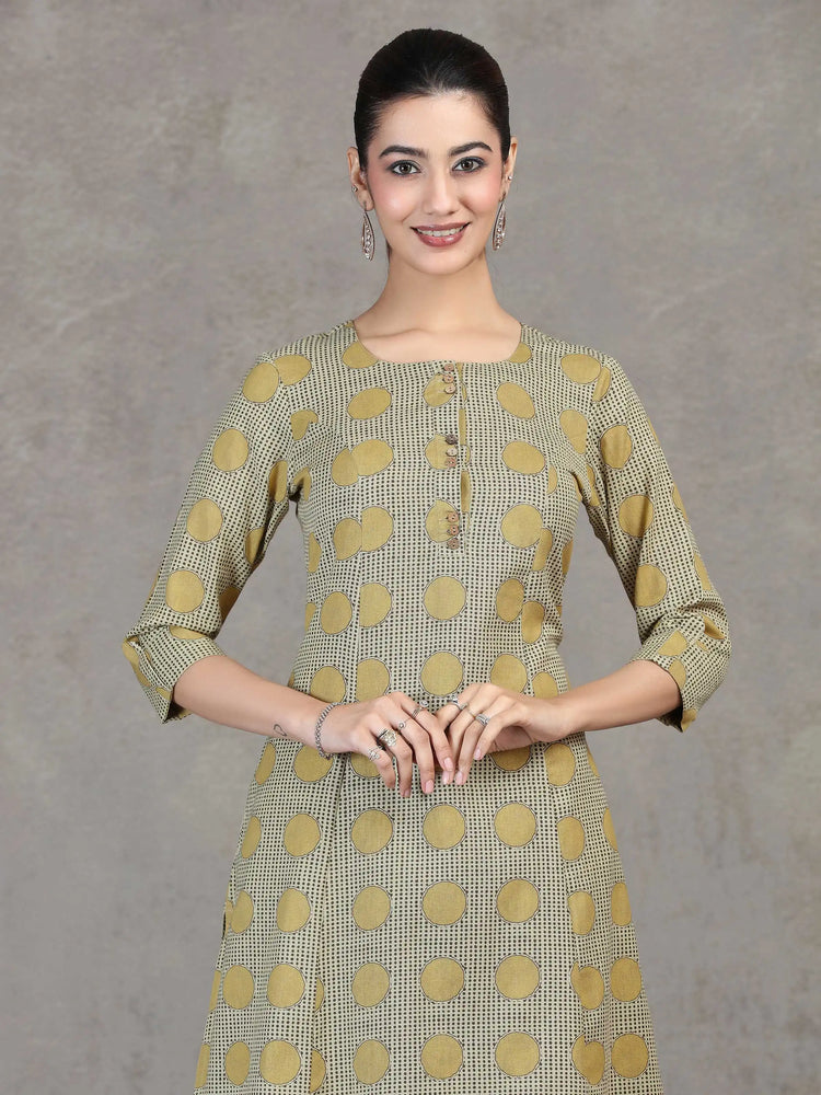 Beige Printed Cotton A-Line Co-ord Set