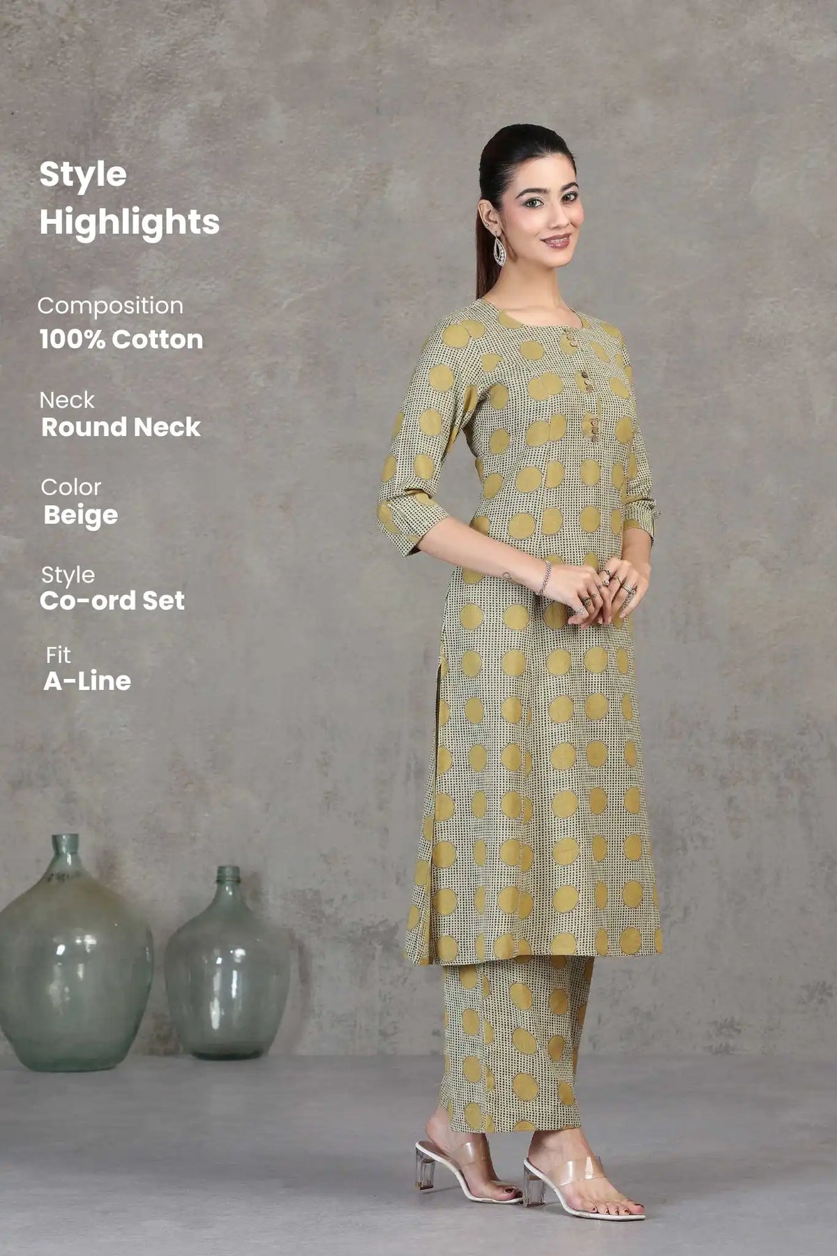 Beige Printed Cotton A-Line Co-ord Set