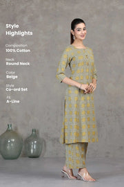 Beige Printed Cotton A-Line Co-ord Set