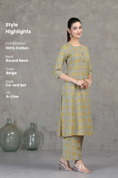 Beige Printed Cotton A-Line Co-ord Set