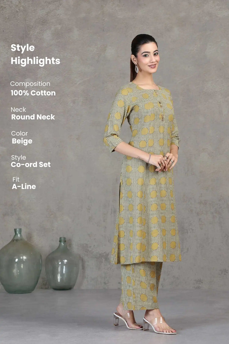 Beige Printed Cotton A-Line Co-ord Set
