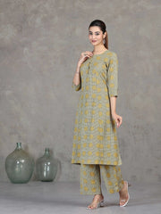 Beige Printed Cotton A-Line Co-ord Set