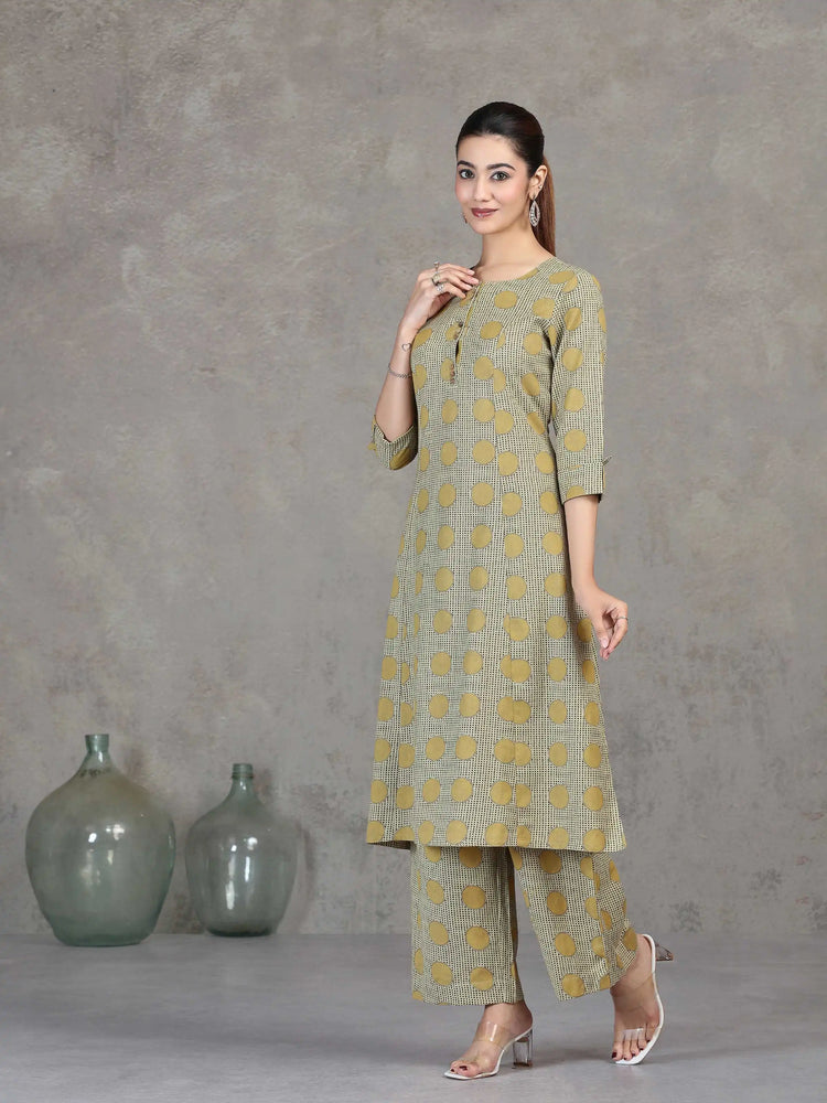 Beige Printed Cotton A-Line Co-ord Set