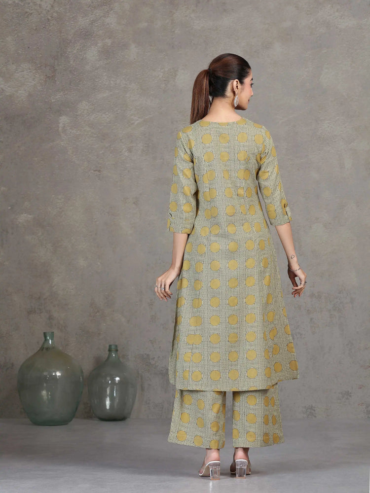 Beige Printed Cotton A-Line Co-ord Set