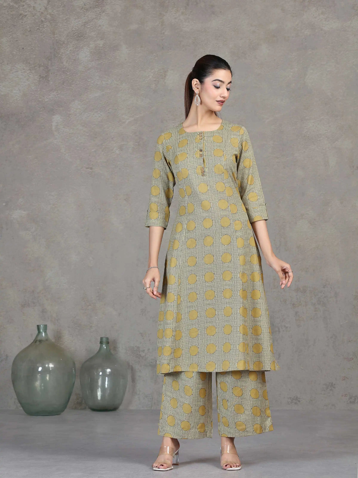 Beige Printed Cotton A-Line Co-ord Set