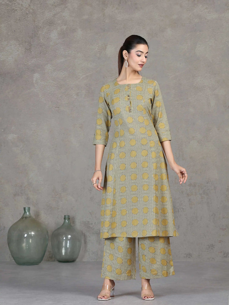 Beige Printed Cotton A-Line Co-ord Set