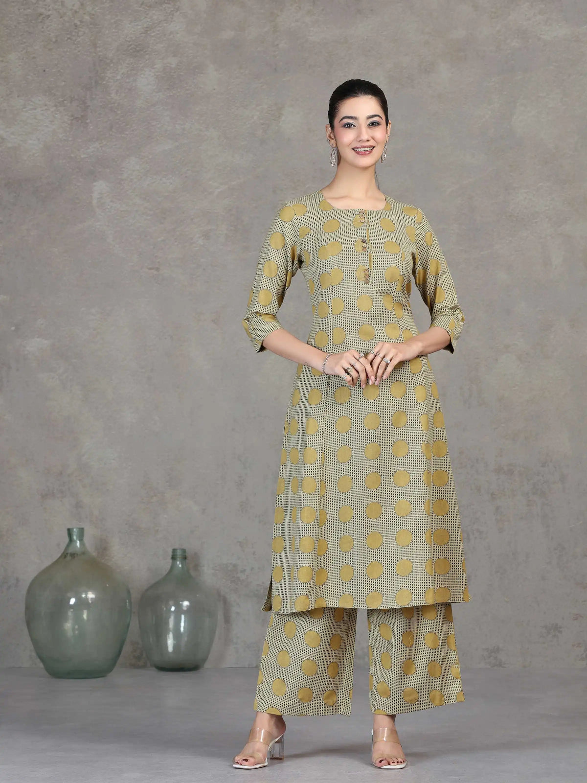 Beige Printed Cotton A-Line Co-ord Set