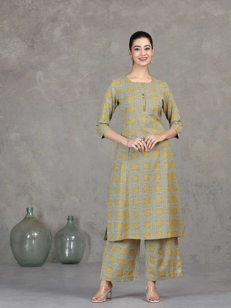 Beige Printed Cotton A-Line Co-ord Set