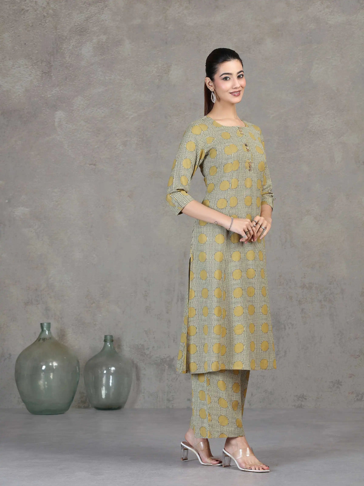 Beige Printed Cotton A-Line Co-ord Set