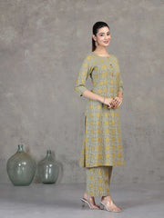 Beige Printed Cotton A-Line Co-ord Set