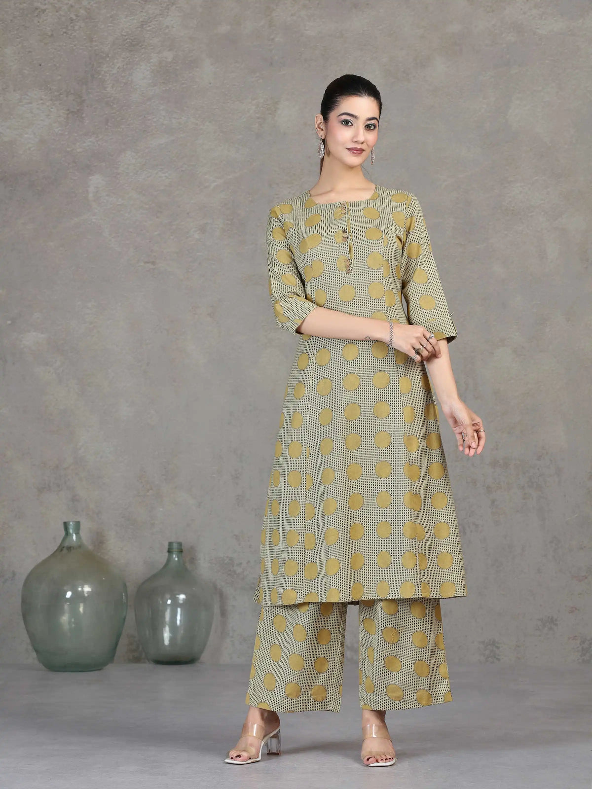 Beige Printed Cotton A-Line Co-ord Set