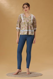 Beige Printed Jaipuri Cotton Flared Short kurta