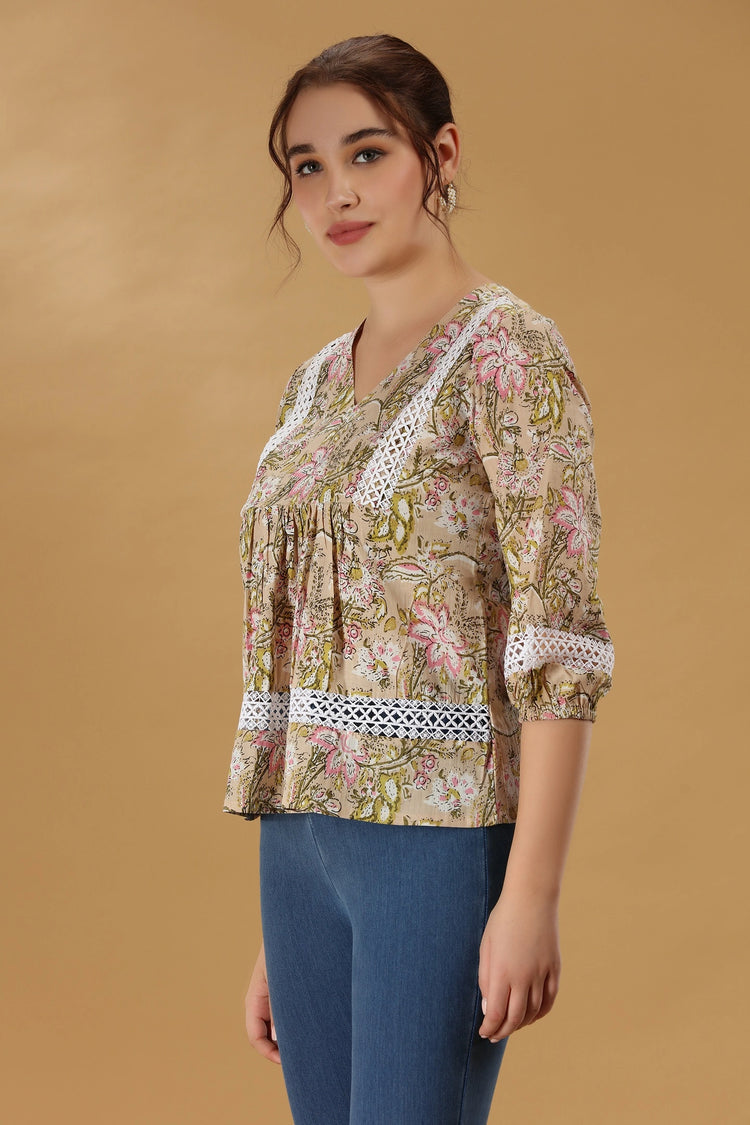 Beige Printed Jaipuri Cotton Flared Short kurta