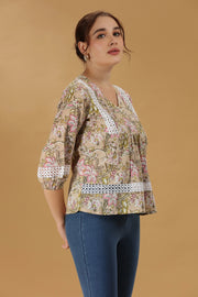 Beige Printed Jaipuri Cotton Flared Short kurta