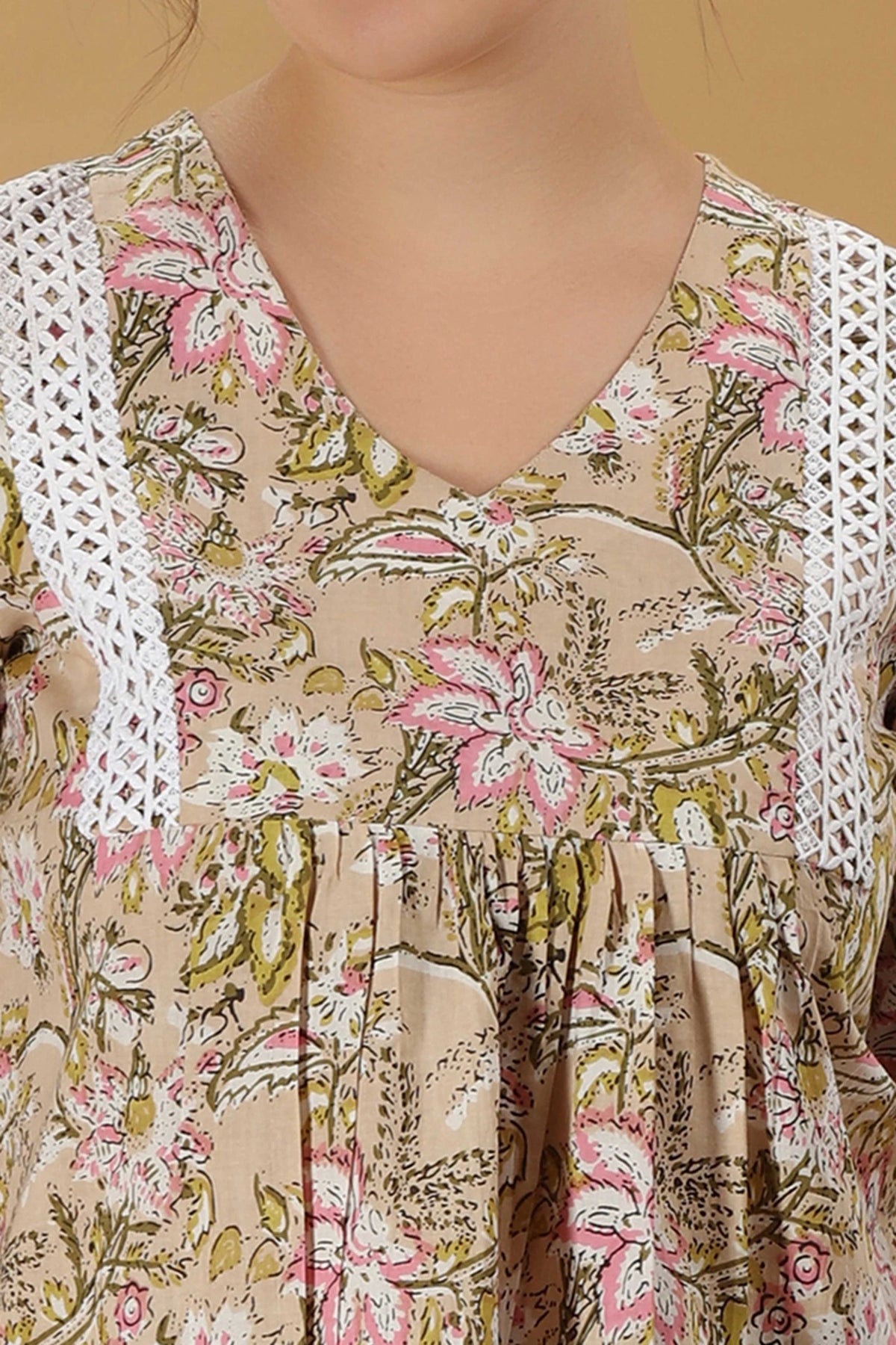 Beige Printed Jaipuri Cotton Flared Short kurta