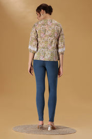 Beige Printed Jaipuri Cotton Flared Short kurta