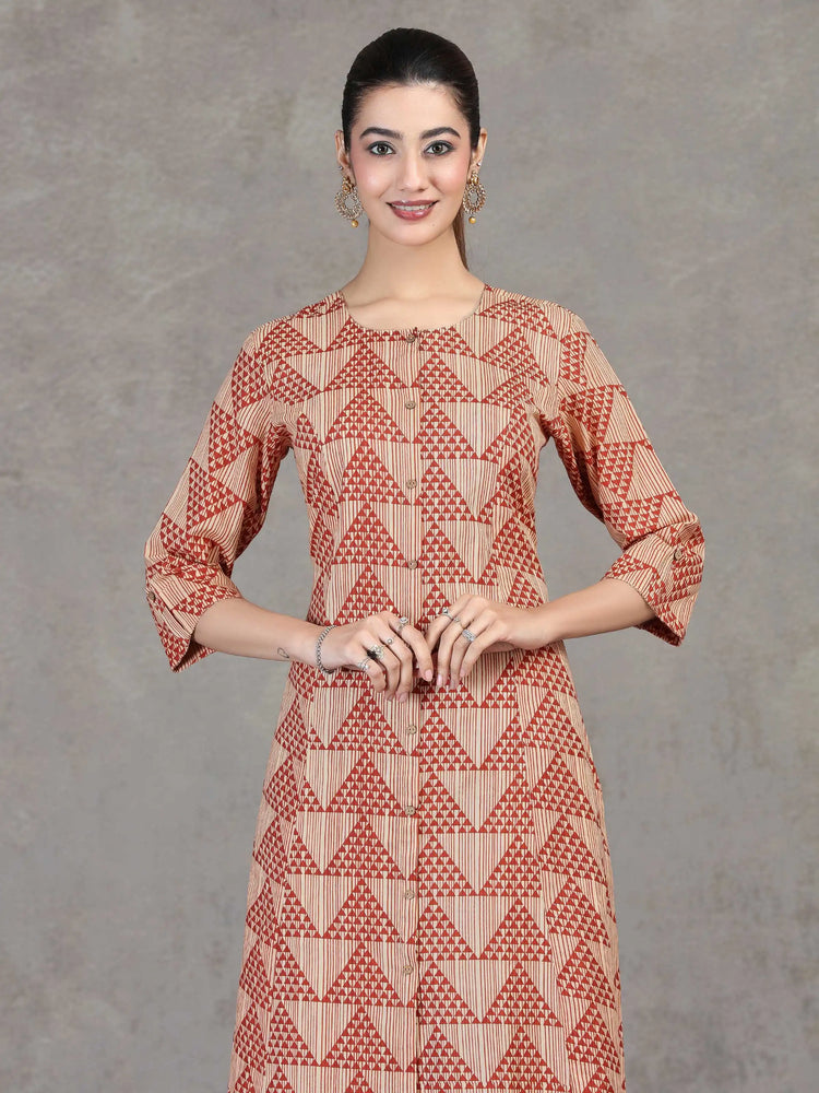 Beige Printed Straight Cotton Co-ord Set