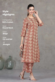 Beige Printed Straight Cotton Co-ord Set