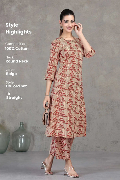 Beige Printed Straight Cotton Co-ord Set