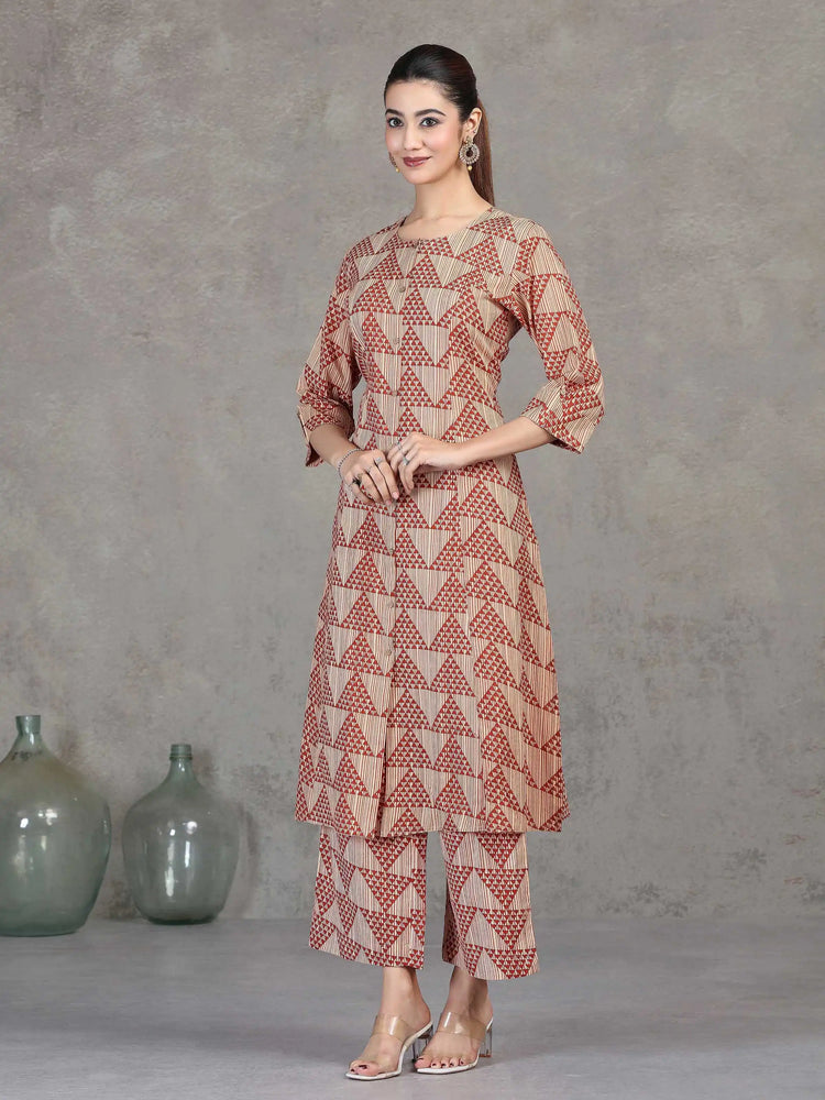 Beige Printed Straight Cotton Co-ord Set