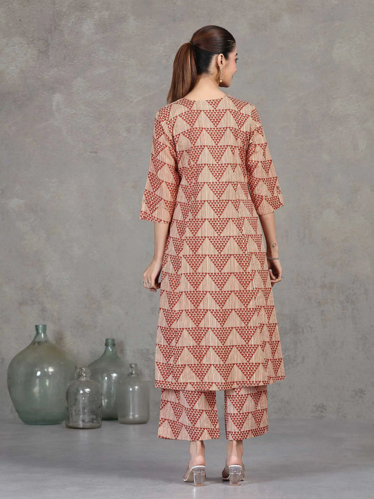 Beige Printed Straight Cotton Co-ord Set