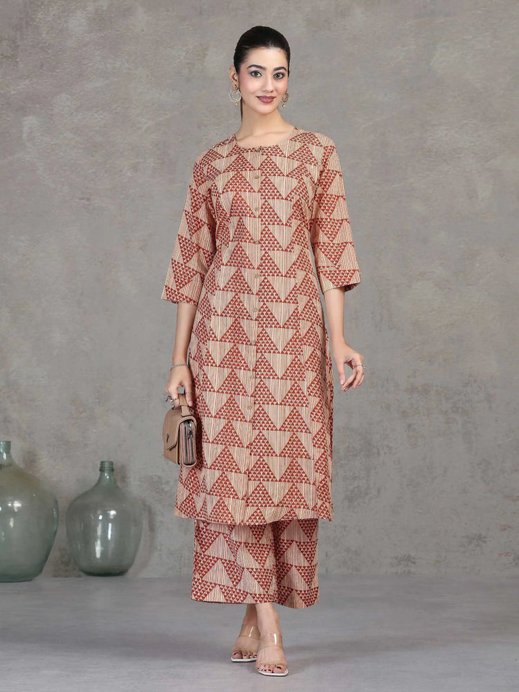 Beige Printed Straight Cotton Co-ord Set