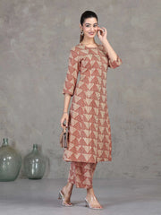 Beige Printed Straight Cotton Co-ord Set