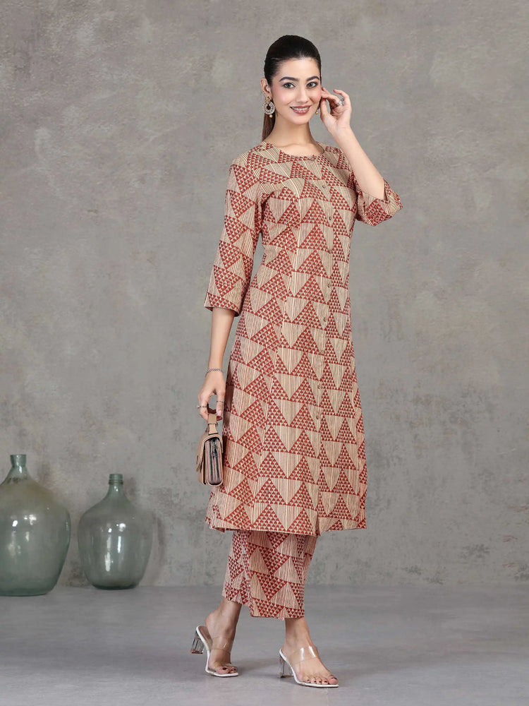 Beige Printed Straight Cotton Co-ord Set