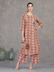 Beige Printed Straight Cotton Co-ord Set