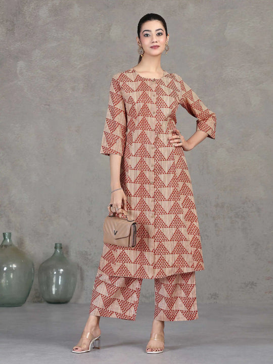 Beige Printed Straight Cotton Co-ord Set