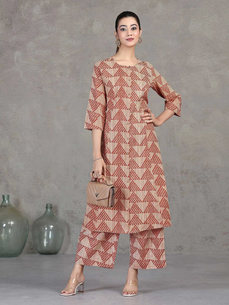 Beige Printed Straight Cotton Co-ord Set