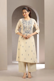 Beige Handloom Cotton Embroidered Straight Kurta and Pant Set for women and girls