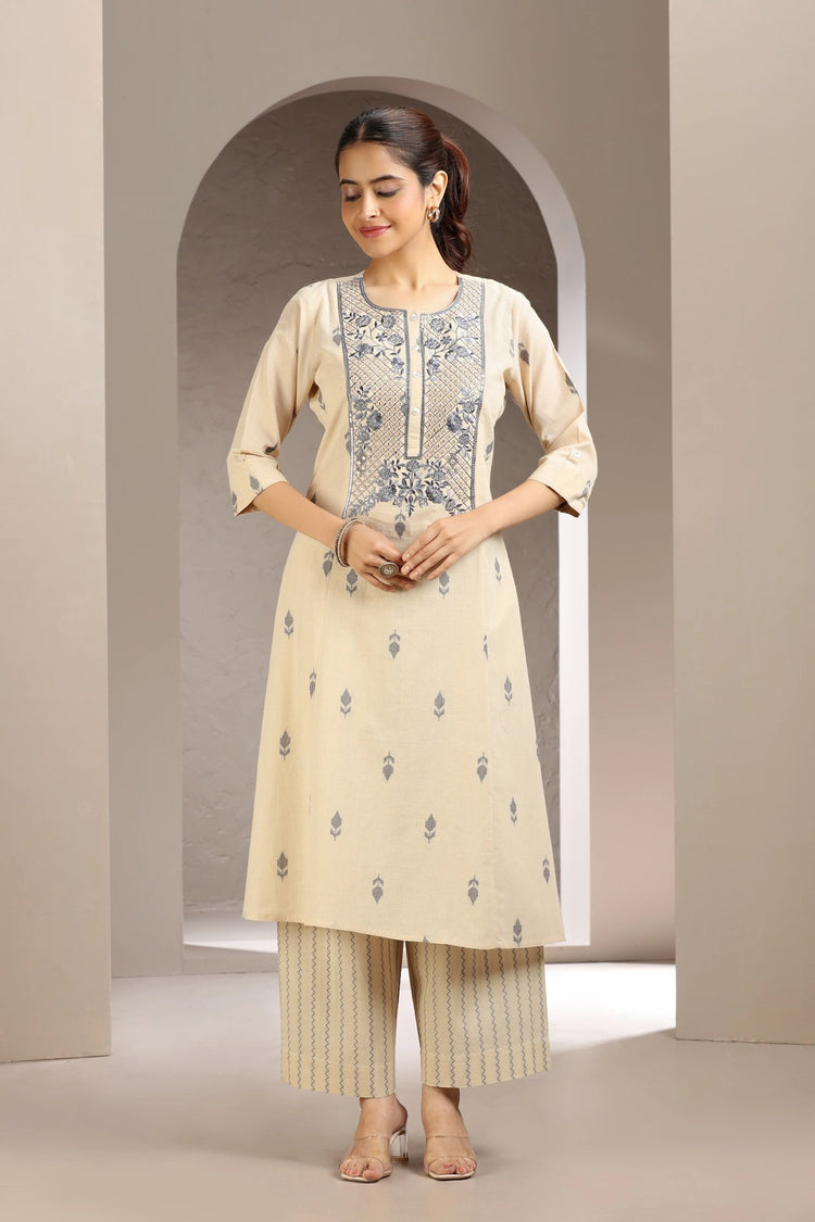 Beige Handloom Cotton Embroidered Straight Kurta and Pant Set for women and girls