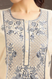 Beige Handloom Cotton Embroidered Straight Kurta and Pant Set for women and girls