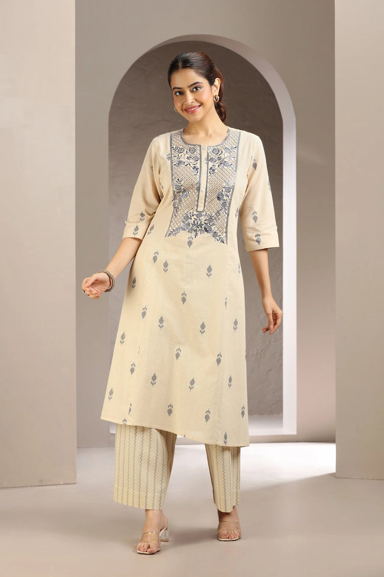 Beige Handloom Cotton Embroidered Straight Kurta and Pant Set for women and girls
