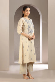 Beige Handloom Cotton Embroidered Straight Kurta and Pant Set for women and girls