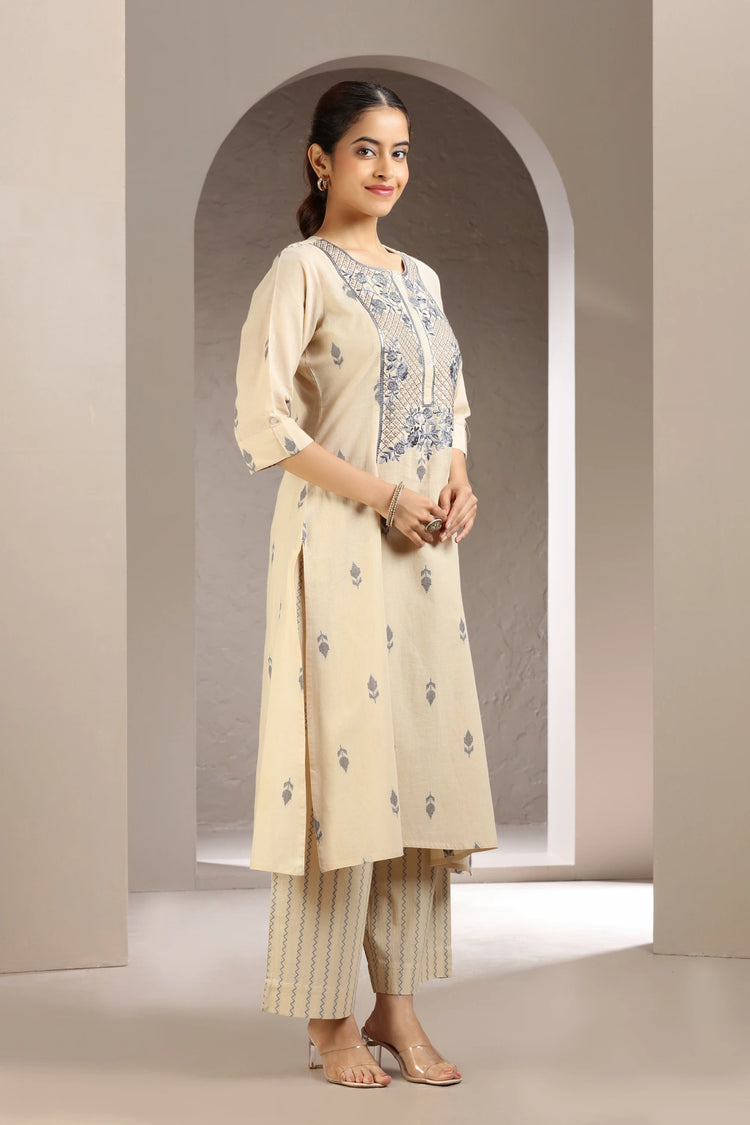 Beige Handloom Cotton Embroidered Straight Kurta and Pant Set for women and girls